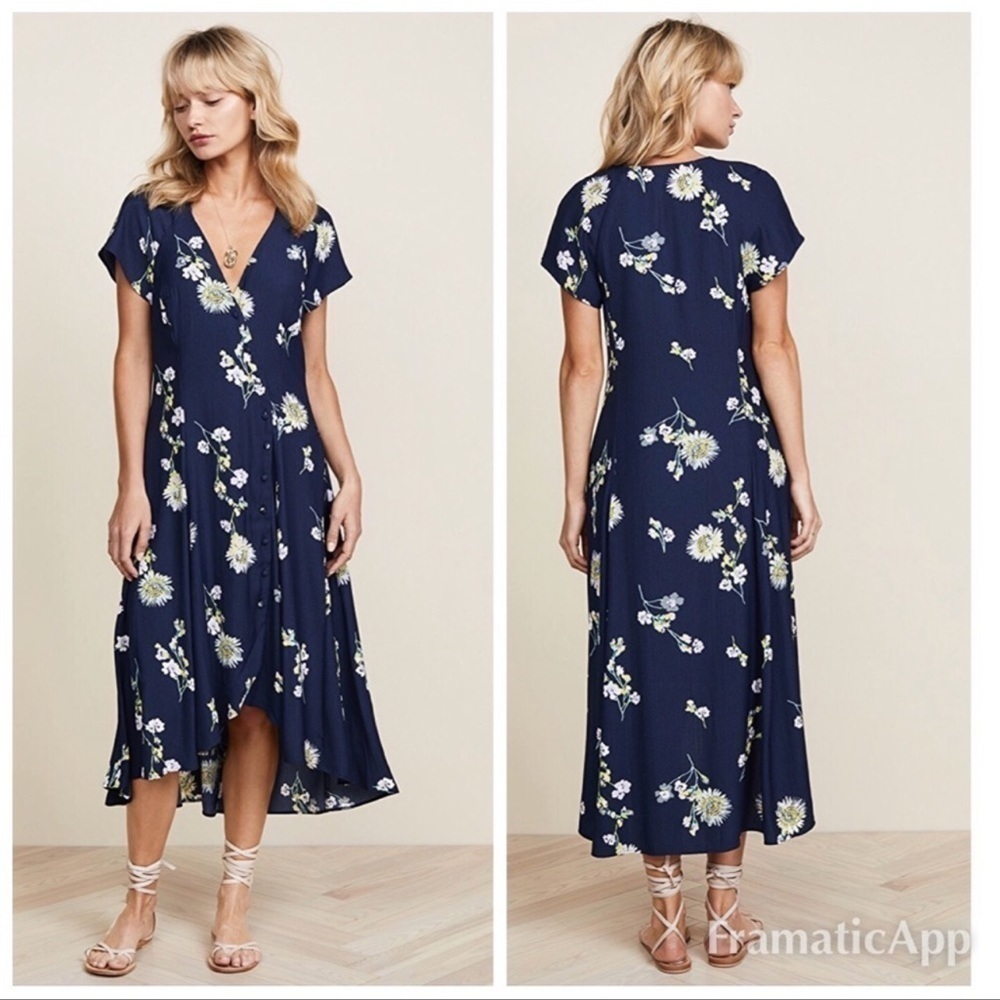 FREE PEOPLE Blue Floral V-Neck Short Sleeve Button Front Midi Dress Large - Picture 6 of 14